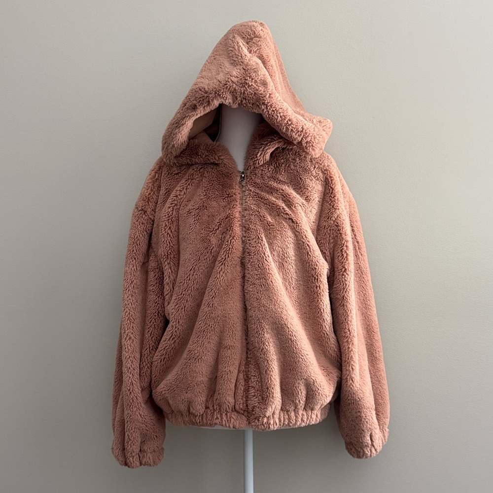 French Connection Arabella Blush Pink Faux Fur Jacket size L